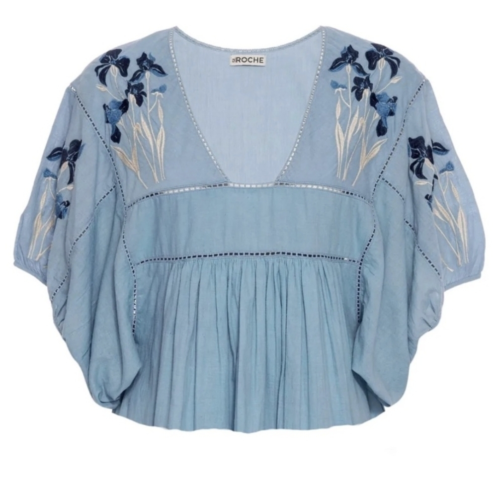 St. Roche embroidered flowy short sleeve top in light blue size Small NWT